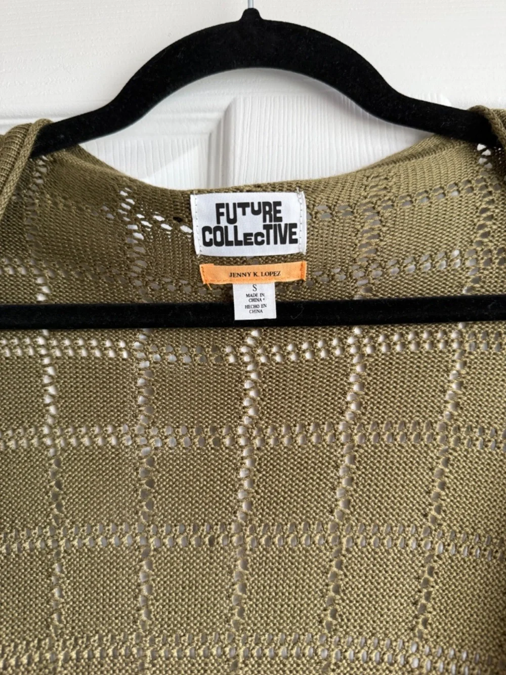 Future Collective Olive Green Pointelle Knit Belted Cardigan Sweater Size S